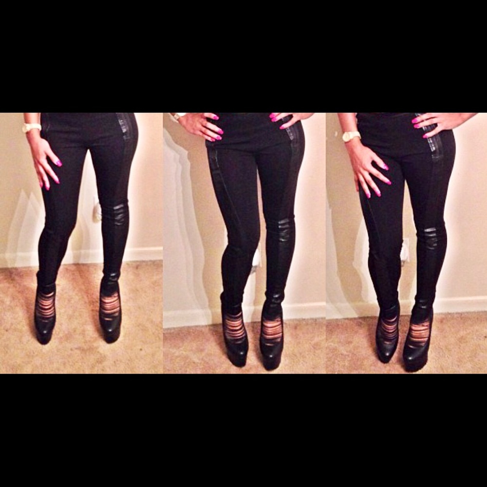 Faux leather trim black leggings